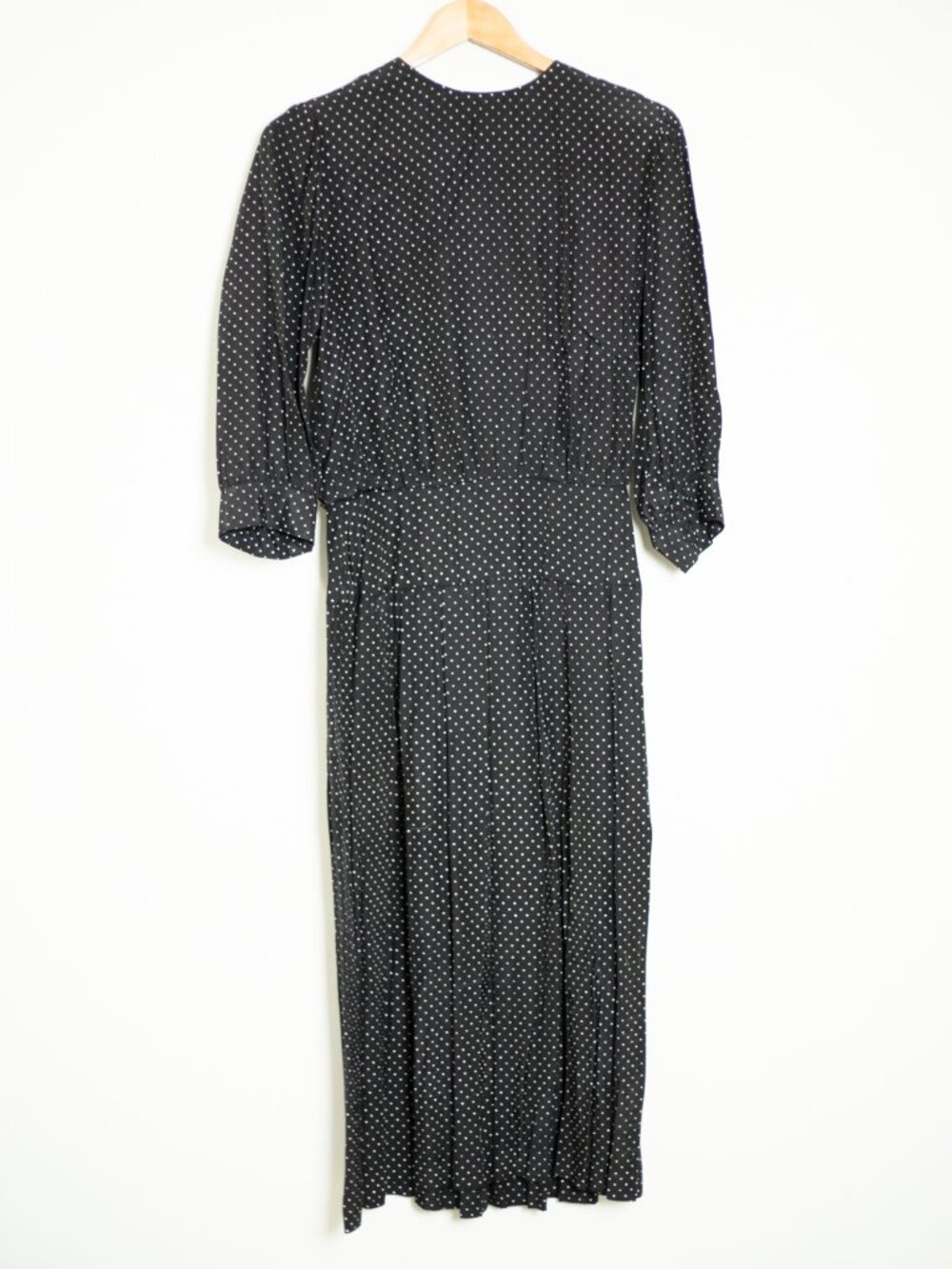Vintage Polka Dot Midi Dress Black White 3/4 Sleeve Pleated Sz 12 | Lanz